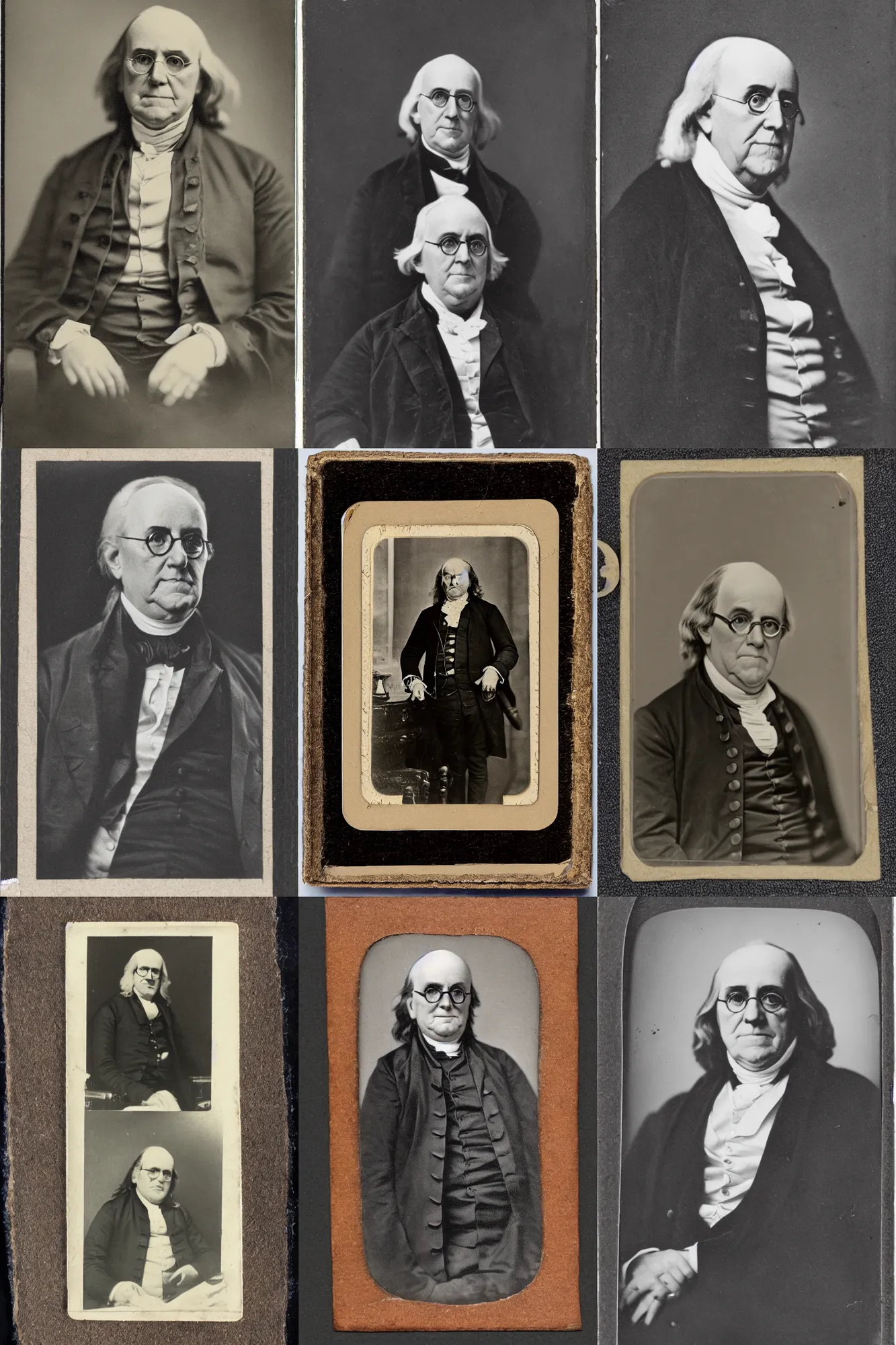 Prompt: cabinet card of cyborg ben franklin