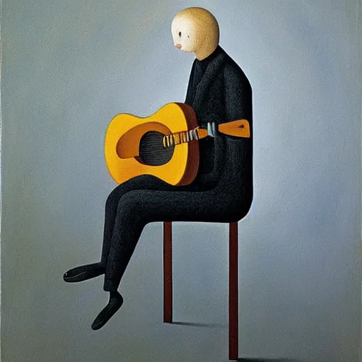 Image similar to a painting of a man playing the guitar by gertrude abercrombie. precisionism, surrealism, dark, low contrast, featured on pixiv, art on instagram, detailed painting