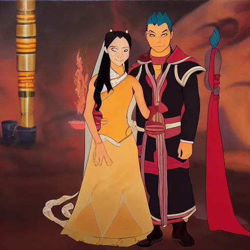 Image similar to oil painting of the wedding of fire lord zuko and katara in the fire nation, studio mir, oil painting