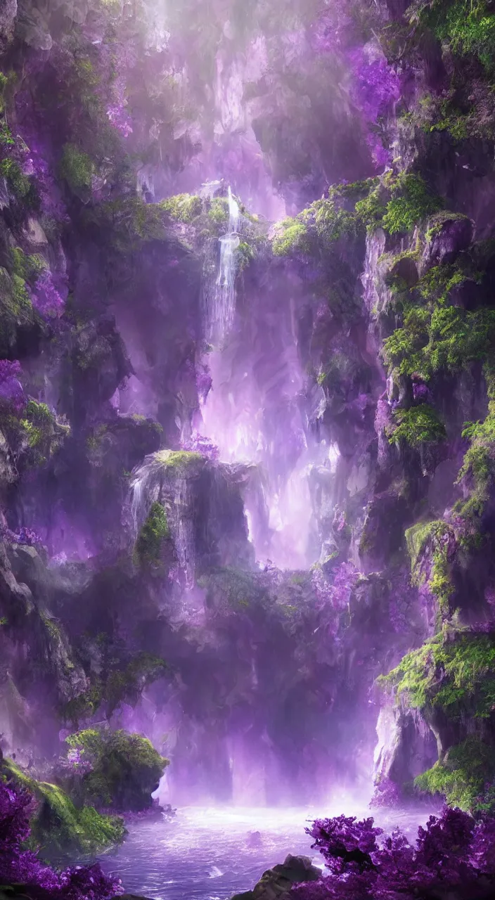 Prompt: a mystical dreamy waterfall cave with amethysts and lilac sunrays, trending on artstation, concept art, matte painting, 8 k