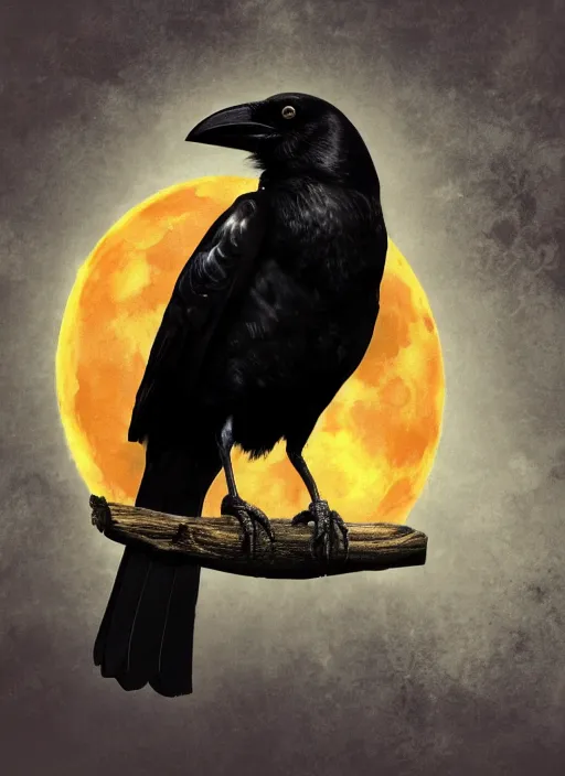 Image similar to book cover, crow in front of the full big moon, realistic colors, digital art