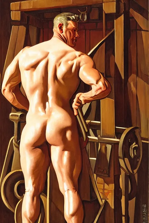 Prompt: muscular sweaty male blacksmith, forgehouse painting by j. c. leyendecker, tom of finland