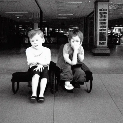 Prompt: due to a spelling error, kids are sitting on satan ’ s lap at the mall, film camera photograph