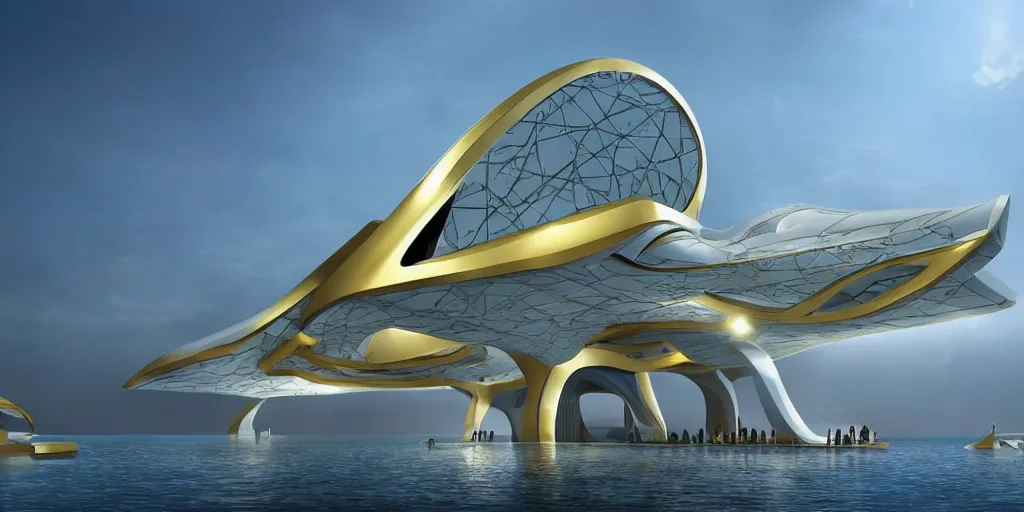 Image similar to mosque floating spaceship by zaha hadid, golds fantasy world