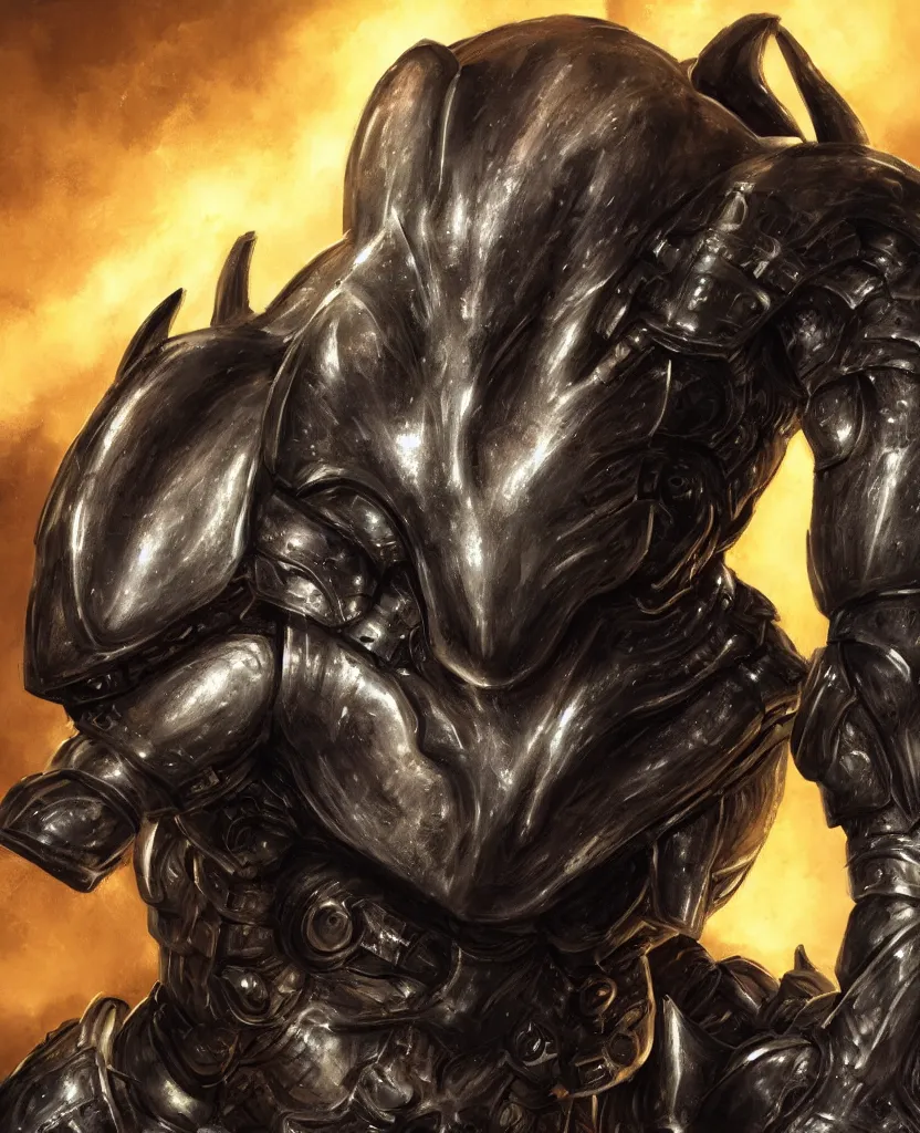 Image similar to a hero portrait of an alien creature with highly detailed features wearing heavy armor, dramatic rim lighting