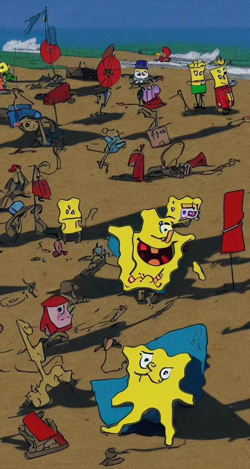 Prompt: omaha beach d day spongebob squarepants colorized photograph