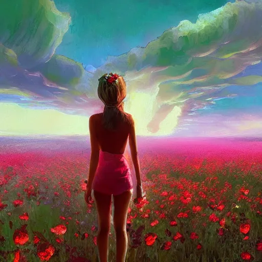 Image similar to giant rose flower head, full body girl standing in a flower field, surreal photography, sunrise, dramatic light, impressionist painting, colorful clouds, digital painting, artstation, simon stalenhag