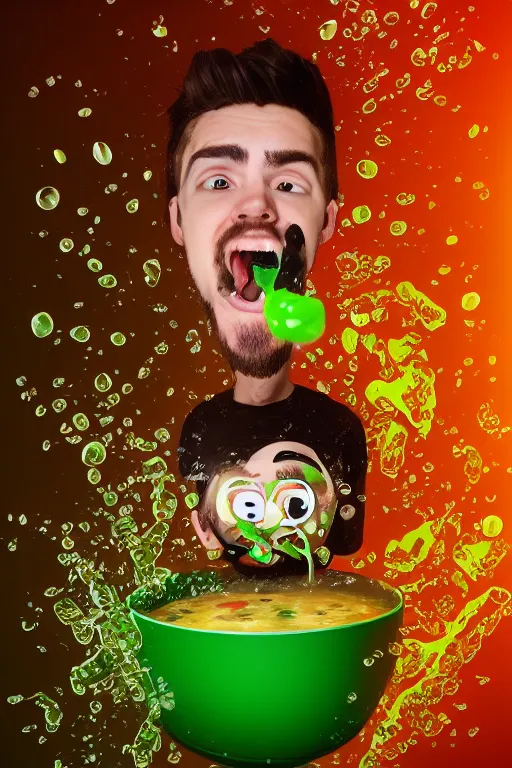 Image similar to 📷 jacksepticeye swimming in soup, made of food, head portrait, dynamic lighting, 4 k