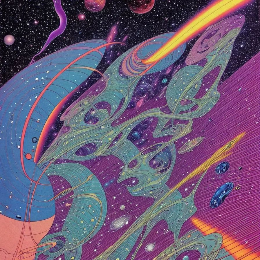 Image similar to ( ( ( ( the dimensional gap at the end of the galaxy ) ) ) ) by mœbius!!!!!!!!!!!!!!!!!!!!!!!!!!!, overdetailed art, colorful, artistic record jacket design