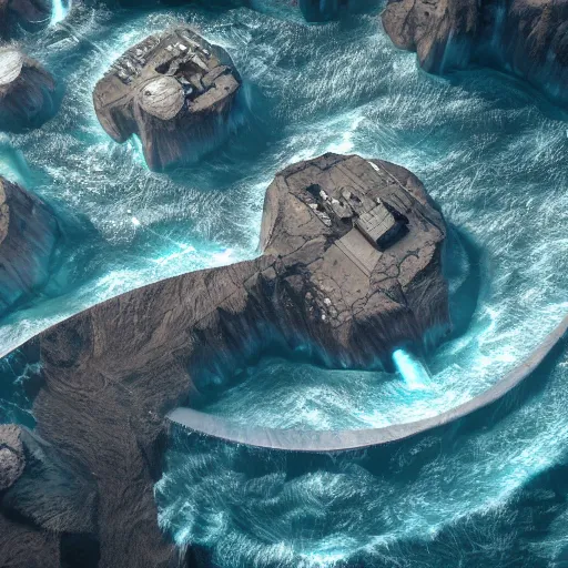 Image similar to top down view of an alien ocean with sea serpent emerging on top of it, detailed, cinematic lighting, storm is happening, unreal engine 4 render, artstaion