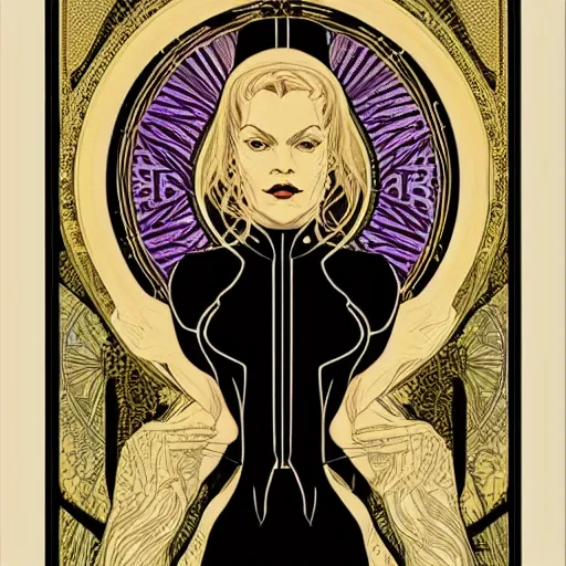 Image similar to a tarot card with Seven of Nine the Borg from star trek, art nouveau, amazing details, intricate details, beautiful , black paper, fractal system circuit , in the style of Alphonse Mucha,