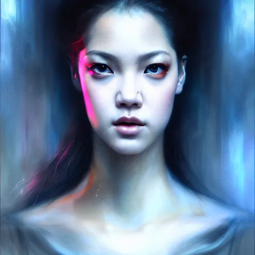 Image similar to rose of blackpink, hyperrealistic portrait, bladerunner street, by karol bak and agnes cecile, fantasy art, photo realistic, dynamic lighting, artstation, poster, volumetric lighting, very detailed face, intricate complexity, rule of thirds, 8 k, award winning