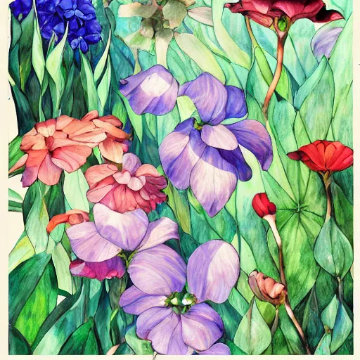 Prompt: synthetic elements of gouache painting of flowers source material collection, style of studio ghibli, makoto shinkai, raphael lacoste, louis comfort tiffany, artgerm, james jean, ross tran