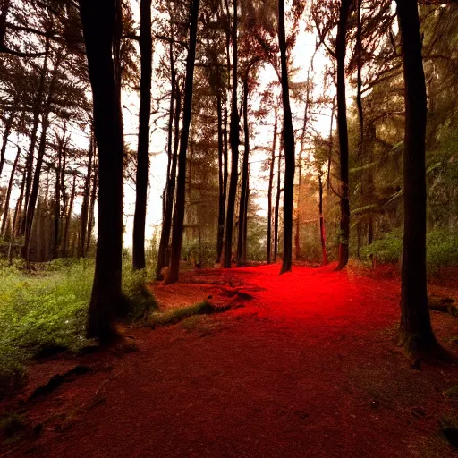 Image similar to a photo of a dream world, forest, river, red spotlight, dark lighting, reflective surface, unreal engine