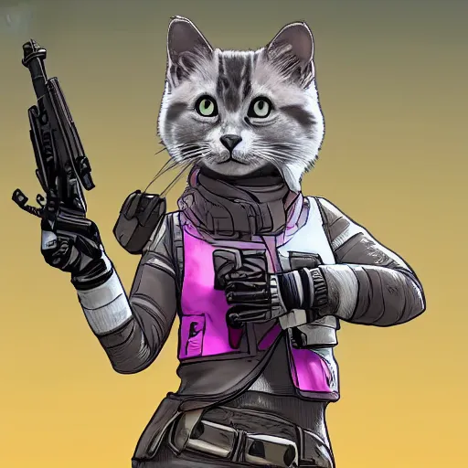 Prompt: cute grey cat with white stripes plays apex legends, holding gun, comic style, pink background