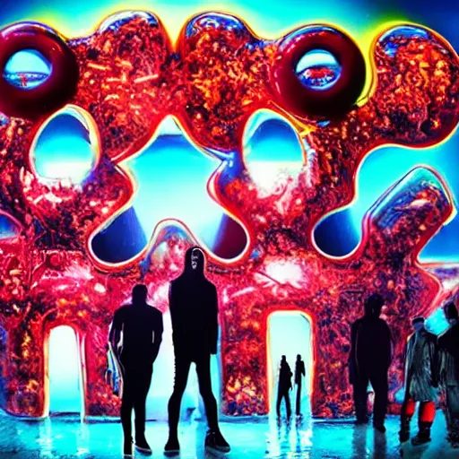 Prompt: a group of people standing around a giant bloody mickey mouse, cyberpunk art by david lachapelle, cgsociety, dystopian art by industrial light and magic, netflix neon logo concept art, neons, interior