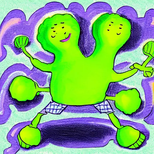 Image similar to a dancing broccoli, he is very happy, children illustration