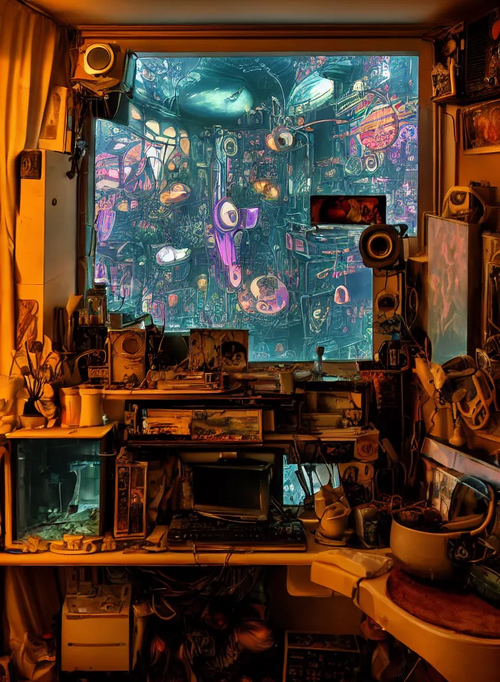 Image similar to telephoto 7 0 mm f / 2. 8 iso 2 0 0 photograph depicting the feeling of chrysalism in a cosy cluttered french sci - fi ( ( art nouveau ) ) cyberpunk apartment in a dreamstate art cinema style. ( ( computer screens, sink ( ( ( fish tank ) ) ) ) ), ambient light.