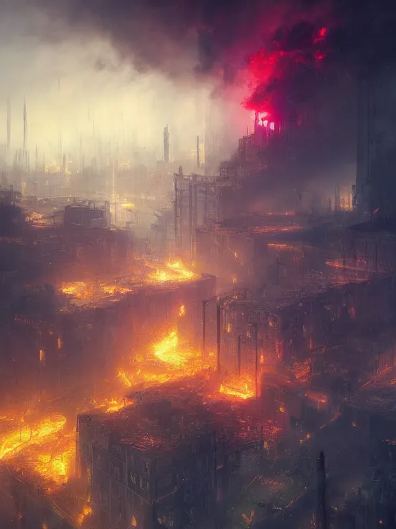 Image similar to photo of 8k ultra realistic burning city of London, heavy storm, rain, full of colour, cinematic lighting, battered, trending on artstation, 4k, hyperrealistic, focused, extreme details,unreal engine 5, cinematic, masterpiece, art by Peter Mohrbacher