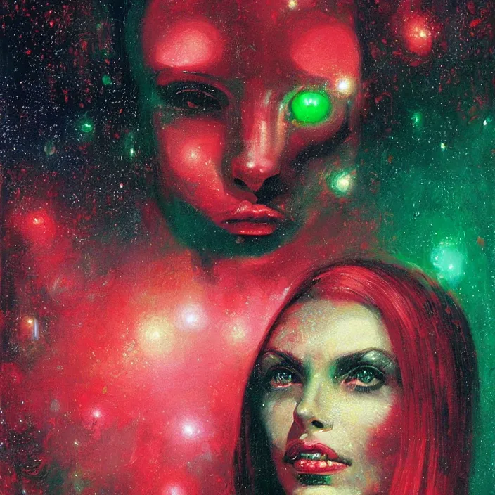 Image similar to beautiful female portrait, red and green palette, night lights, starry sky, by ( h. r. giger ) and paul lehr