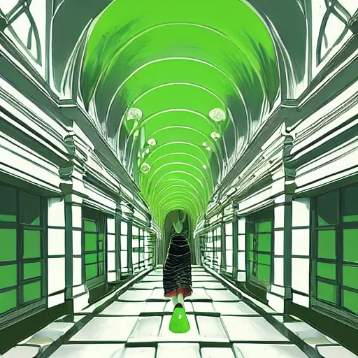 Image similar to a green slimegirl in a bright white hallway with many doors and many stairs, Mc Escher architecture, epic composition, by Makoto Shinkai