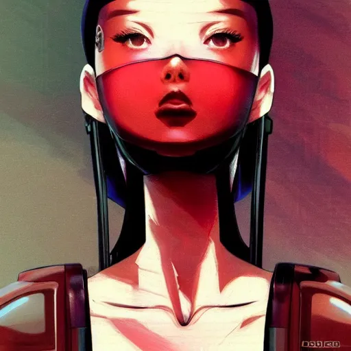 Image similar to A beautiful cyborg woman with big and cute eyes || VERY ANIME, fine-face, red and black robotic parts, realistic shaded perfect face, fine details. Anime. realistic shaded lighting poster by Ilya Kuvshinov katsuhiro otomo ghost-in-the-shell, magali villeneuve, artgerm, Jeremy Lipkin and Michael Garmash, Rob Rey and Kentarõ Miura style, trending on art station