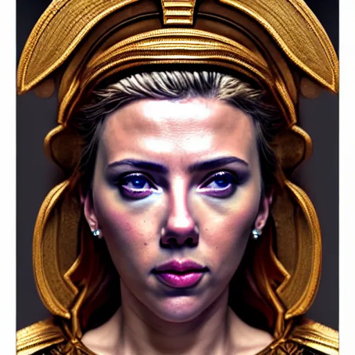 Image similar to hyperrealistic mixed media painting of beautiful goddess Athena played by Scarlett Johansson, stunning 3d render inspired art by P. Craig Russell and Barry Windsor-Smith, perfect facial symmetry, dim volumetric lighting, 8k octane beautifully detailed render, post-processing, portrait, extremely hyper-detailed, intricate, epic composition, brown brown brown eyes, realistic eyes, cinematic lighting, masterpiece, trending on artstation, detailed detailed detailed, masterpiece, stunning