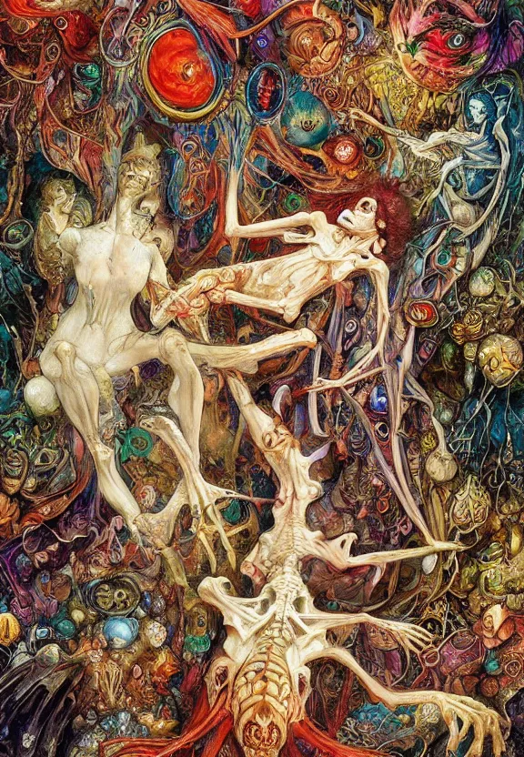 Image similar to simplicity, colorful muscular eldritch bodies and bones radiating from fractal, mandala, white bones, colorful gems, brush pen, by h. r. giger and esao andrews and maria sibylla merian eugene delacroix, gustave dore, thomas moran, pop art, chiaroscuro, biopunk, art nouveau