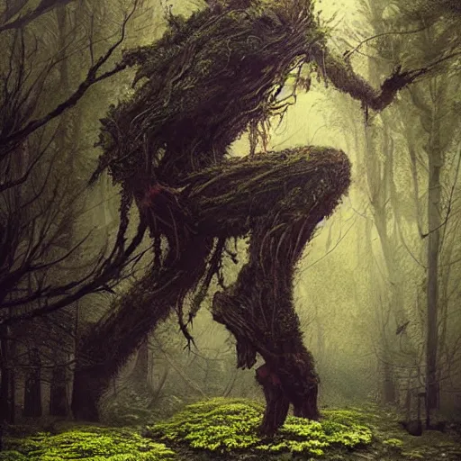 Image similar to a beautiful terrifying monster made out of moss and flowers. ethereal horror fantasy art by greg rutkowski