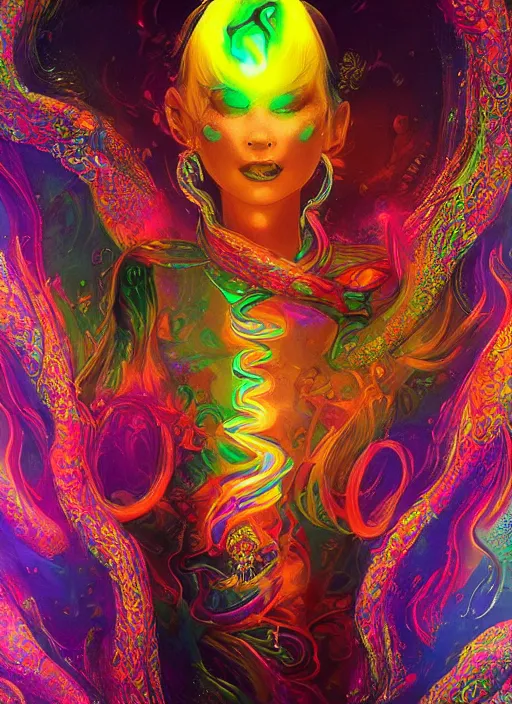 Image similar to psychedelic [ [ [ chemiluminescence ] ] ] elegant woman chakra spirit with smoke and fluid dynamics, colorful, psychedelic, ornate, intricate, digital painting, concept art, smooth, sharp focus, illustration, blacklight reacting, art by artgerm and greg rutkowski