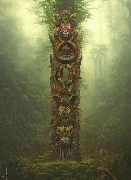 Prompt: a totem in the jungle surrounded by mist, representing amazonian shamanic traditions, tribal masks, symetrical totem, hyper detailed, art by christophe vacher