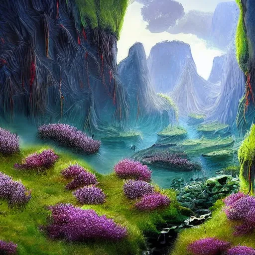 Prompt: digital art of a lush natural scene on an alien planet by dan volbert. beautiful landscape. weird vegetation. cliffs and water.