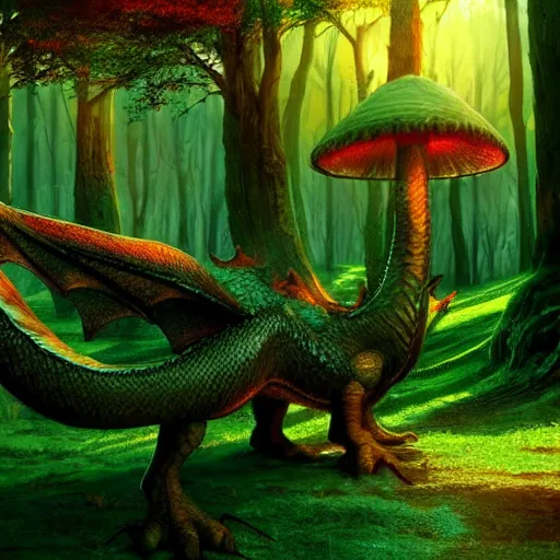 Image similar to dragon in a bright glowing mushroom forest uhd ultra realistic ray traced 4 k highly detailed sharp lines dramatic lighting artstation trending