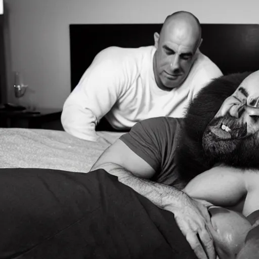 Image similar to joe rogan spooning with a gorilla in a five start hotel, honeymoon photoshoot