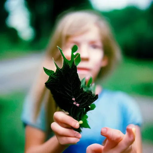 Image similar to girl holding a salchenwursage in the palm of her hand. 3 5 mm, f / 2, cinelux asa 1 0 0