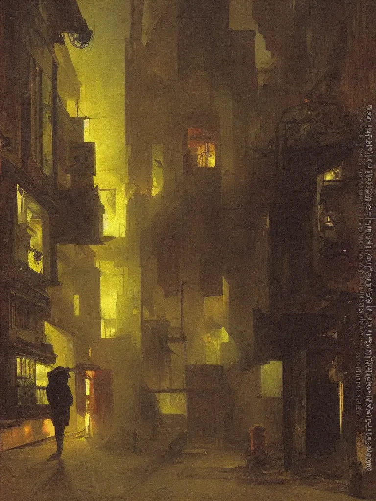 Prompt: a dark alley with abandoned buildings, a nightclub with neon signs by carl spitzweg and edward hopper