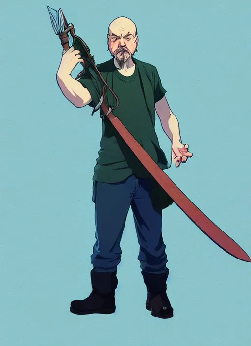 Image similar to art young lenin with big blade, light blue eyes, pale skin, freckles, sad expression, t - shirt, modern casual clothing, natural lighting, path traced, highly detailed, high quality, cartoon, digital painting, by don bluth and ross tran and studio ghibli and alphonse mucha