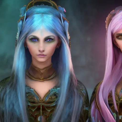 Prompt: two identical beautiful female mages standing face to face, full of detail