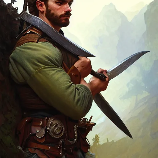 Image similar to portrait of a young rugged ranger, muscular, upper body, longsword, D&D, fantasy, intricate, cinematic lighting, highly detailed, digital painting, artstation, concept art, smooth, sharp focus, illustration, art by Artgerm and Greg Rutkowski and Alphonse Mucha