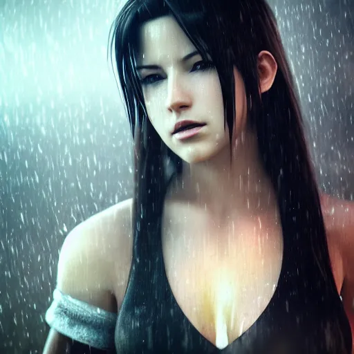 Image similar to elegant Tifa Lockhart, face centered portrait, Confident, fog, rain, volumetric lighting, beautiful, golden hour, sharp focus, ultra detailed, cgsociety by Leesha Hannigan, Ross Tran, Thierry Doizon, Kai Carpenter, Ignacio Fernández Ríos