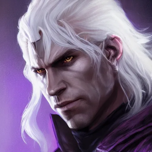 Image similar to realistic portrait of drizzt du orden by r. a. salvatore, dark elf with purple eyes and white hair, trending on artstation, dark gloomy cave background, low angle oil painting and composition laws, cinematic lighting, hyperdetailed, cgsociety, 8 k