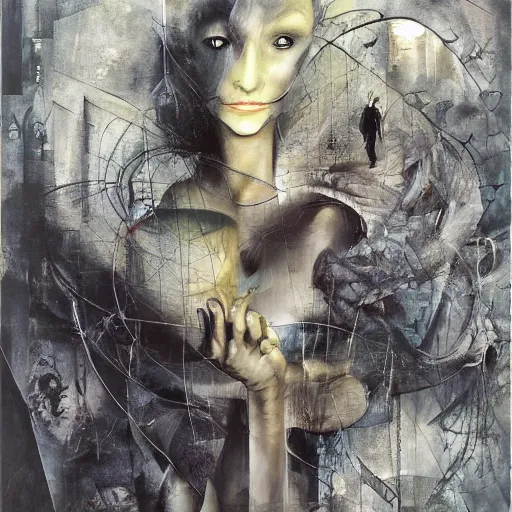 Prompt: she dreams a past she hasn't lived, she holds the key to the gate to reality outside this virtual world, oil on canvas by dave mckean and yoshitaka amano