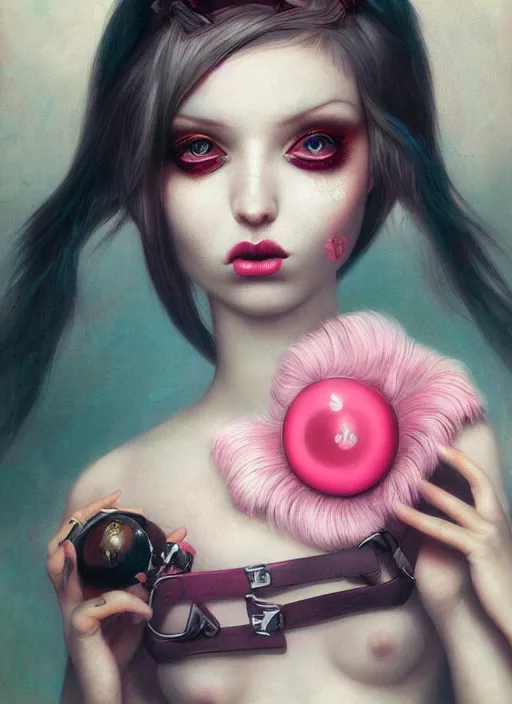 Prompt: pop surrealism, lowbrow art, realistic seductive woman painting, pink body harness, hyper realism, muted colours, rococo, natalie shau, loreta lux, tom bagshaw, mark ryden, trevor brown style,