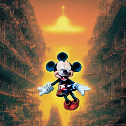 Image similar to the second coming of mickey mouse by dan mumford, yusuke murata, makoto shinkai, ross tran, cosmic, heavenly, god rays, intricate detail, cinematic, 8 k, cel shaded, unreal engine, featured on artstation, pixiv