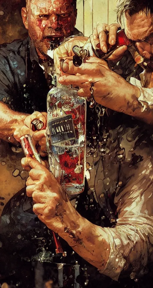 Image similar to close up of bloodied max payne pouring vodka, sun shining, photo realistic illustration by greg rutkowski, thomas kindkade, alphonse mucha, loish, norman rockwell.