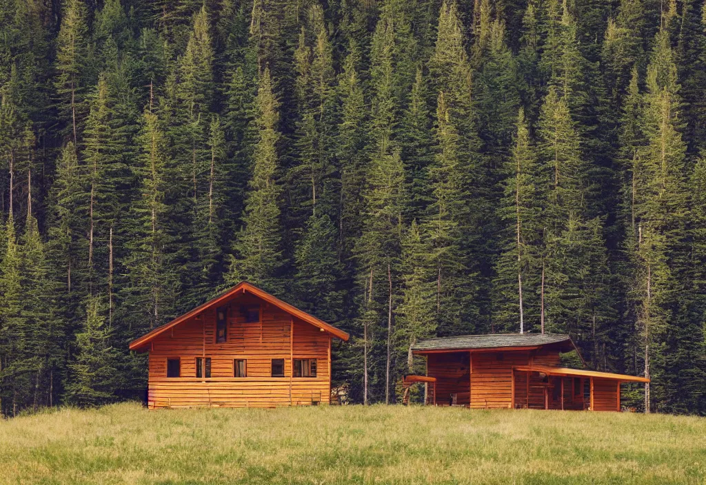 Prompt: a modern large wooden cabin on top of a hill with trees. mountains in the background, photorealistic, portra 4 0 0, high detail