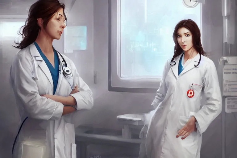 Image similar to a poster of emergency room, an elegant and beautiful female doctor in a white coat in a hospital ward, cinematic, highly detailed, digital painting, artstation, concept art, matte, sharp focus, illustration, art by artgerm and greg rutkowski