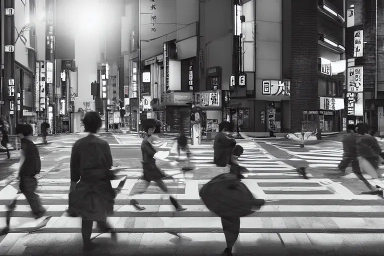 Prompt: still photo of a japanese street crossing, tokyo, black and white color aesthetic, highly detailed, photorealistic portrait, bright studio setting, studio lighting, crisp quality and light reflections, unreal engine 5 quality render