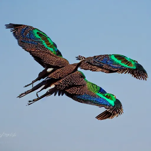 Prompt: two peacocks flying