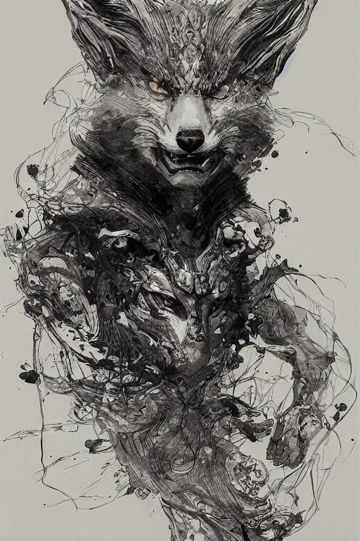 Image similar to portrait of a man in kitsune demon fox mask and black suit, pen and ink, intricate line drawings, by craig mullins, ruan jia, kentaro miura, greg rutkowski